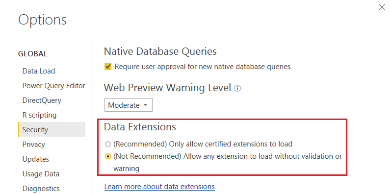 Change Security setting to allow an uncertified extension to load without validation or warning while Installing the Power Query SDK for Visual Studio