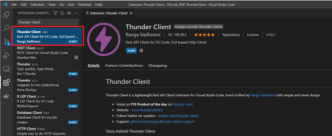 Thunder Client extension installation