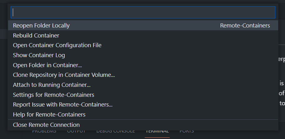 Dev Container menu